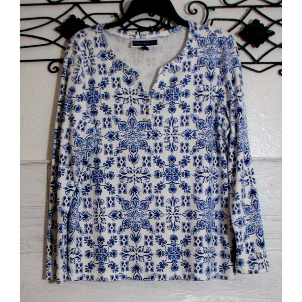 Karen Scott Women's Knit Top Size L Multicolored Floral Round Neck Long Sleeve